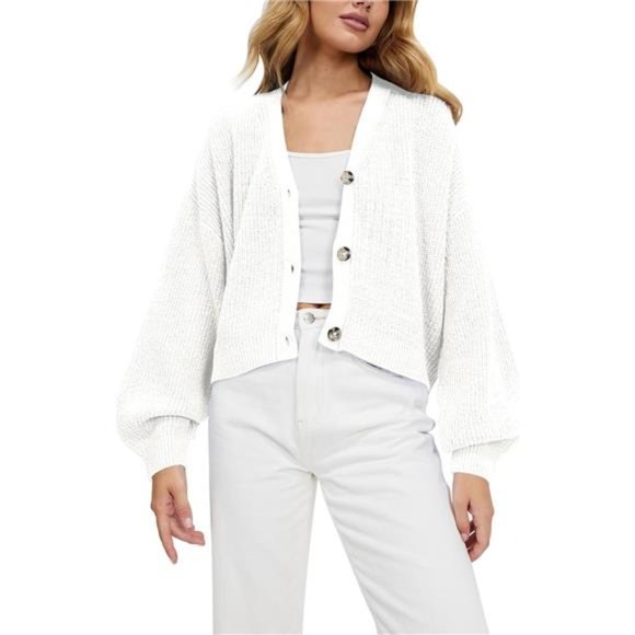 WOMEN's Long Sleeve Cropped Cardigan Sweater White - Picture 1 of 6